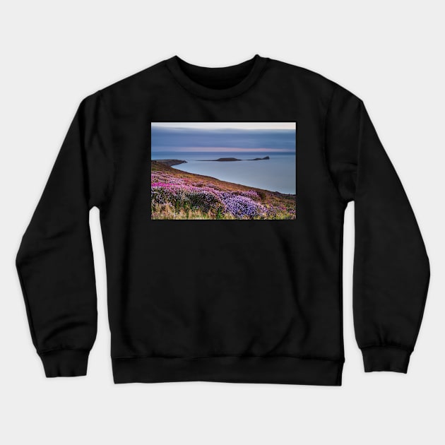 Worms Head and Rhossili Bay from Rhossili Down, Gower, Wales Crewneck Sweatshirt by dasantillo